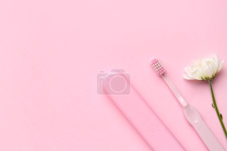 Téléchargez les photos : Brosse à dents, étui et fleur de camomille sur fond rose - en image libre de droit