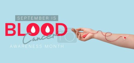 Photo for Banner for Blood Cancer Awareness Month with female hand with medical plaster and red paper blood drop - Royalty Free Image