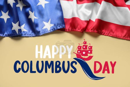 Téléchargez les photos : Bannière pour Happy Columbus Day avec drapeau des États-Unis sur fond beige - en image libre de droit