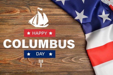 Téléchargez les photos : Bannière pour Happy Columbus Day avec drapeau des États-Unis sur fond en bois - en image libre de droit