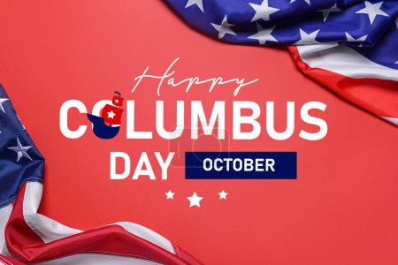 Téléchargez les photos : Bannière pour Happy Columbus Day avec drapeau américain sur fond rouge - en image libre de droit
