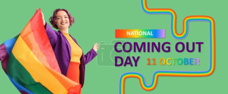 Banner for National Coming Out Day with young woman and rainbow flag