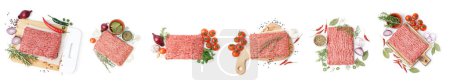Téléchargez les photos : Ensemble de viande hachée, herbes et épices isolées sur blanc, vue de dessus - en image libre de droit
