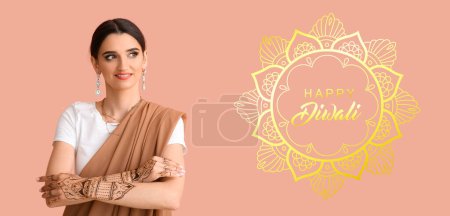 Photo for Long banner for Happy Diwali with Indian woman - Royalty Free Image