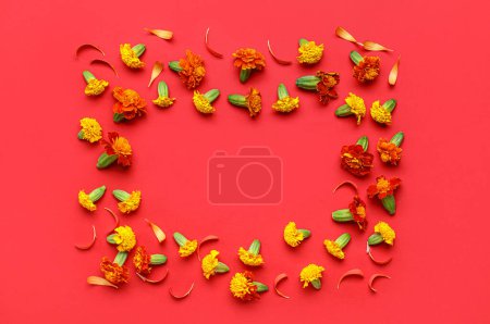 Photo for Frame made of marigold flowers on red background. Divaly celebration - Royalty Free Image
