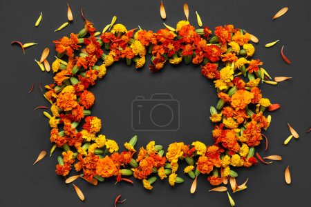 Photo for Frame made of marigold flowers on black background. Divaly celebration - Royalty Free Image