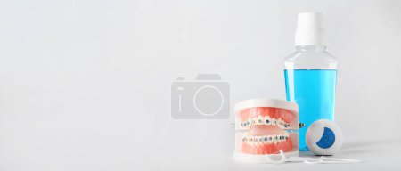 Foto de Mandíbulas de plástico con tirantes dentales, mondadientes, hilo dental y enjuague bucal sobre fondo claro con espacio para texto - Imagen libre de derechos