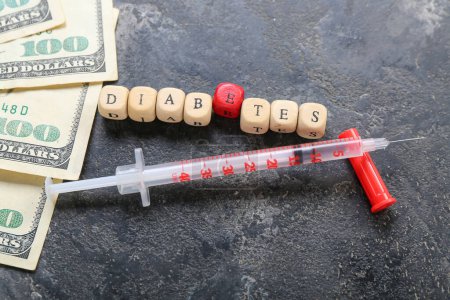 Photo for Word DIABETES, syringe with insulin and money on dark background. Expensive medicine concept - Royalty Free Image
