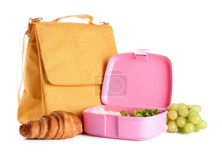 Téléchargez les photos : Sac avec boîte à lunch et nourriture isolée sur fond blanc - en image libre de droit