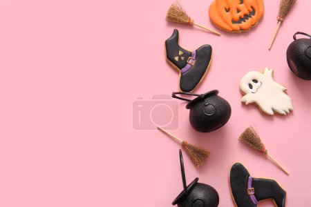 Photo for Halloween composition with brooms, cauldrons and witch hats on pink background - Royalty Free Image