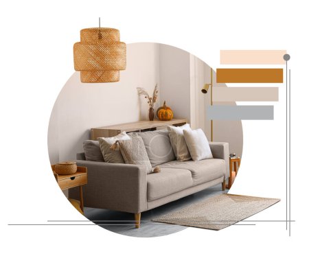 Foto de Sofá gris con estilo en la sala de estar ligera - Imagen libre de derechos