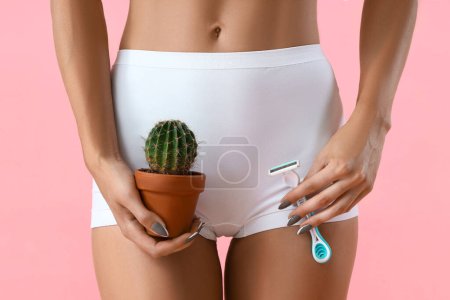 Photo for Young woman with razor and cactus on pink background, closeup - Royalty Free Image