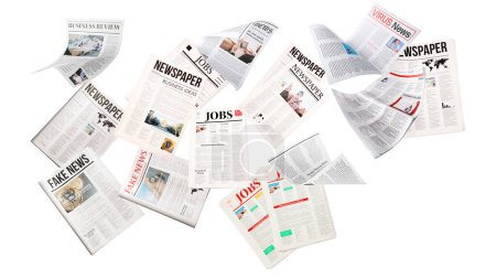 Many flying newspapers isolated on white 