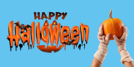 Téléchargez les photos : Carte de voeux pour Joyeux Halloween avec des mains de momie et de citrouille - en image libre de droit