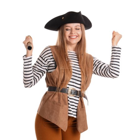 Foto de Feliz pirata femenino con catalejo sobre fondo blanco - Imagen libre de derechos