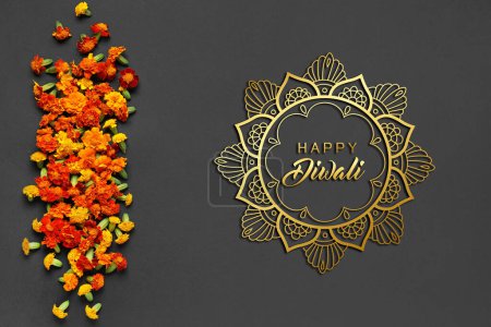 Photo for Greeting card for Diwali (Indian Festival of Lights) with marigold flowers on black background - Royalty Free Image