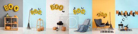 Téléchargez les photos : Collage de différents intérieurs avec des décorations d'Halloween - en image libre de droit