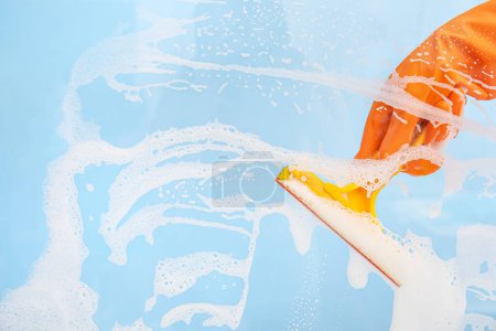 Photo for Female hand in orange rubber glove cleaning blue surface with squeegee - Royalty Free Image