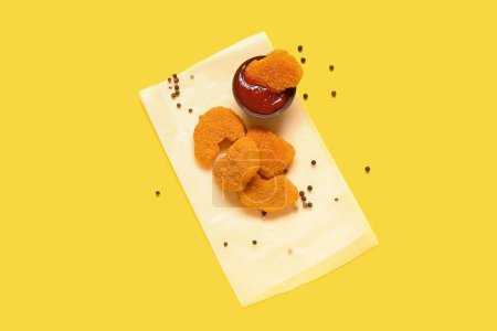 Foto de Papel para hornear con sabrosas pepitas y tazón de ketchup sobre fondo amarillo - Imagen libre de derechos