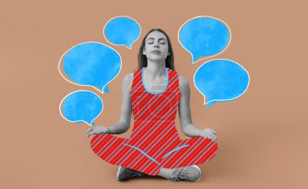 Photo for Meditating young woman and many blank speech bubbles on beige background. Zen concept - Royalty Free Image