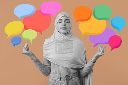 Photo for Meditating Arabian woman and many blank speech bubbles on beige background. Zen concept - Royalty Free Image