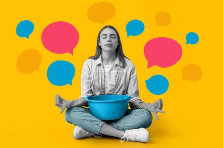 Photo for Meditating young woman in rubber gloves and with basin and many blank speech bubbles on yellow background. Zen concept - Royalty Free Image