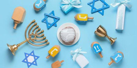 Photo for Composition for Hanukkah celebration on light blue background, top view - Royalty Free Image
