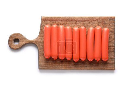 Photo for Board with tasty thin sausages on white background - Royalty Free Image
