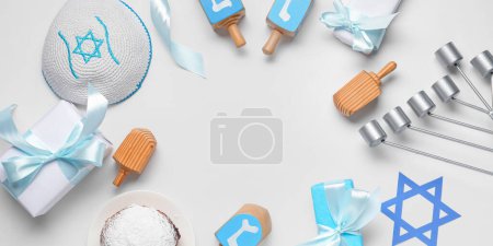 Photo for Composition for Hanukkah celebration on light background with space for text, top view - Royalty Free Image