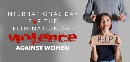 Téléchargez les photos : Bannière pour la Journée internationale pour l'élimination de la violence contre les femmes avec un homme et une jeune fille effrayée - en image libre de droit