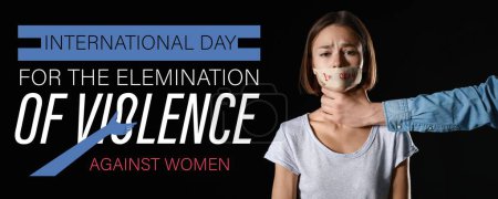 Téléchargez les photos : Bannière pour la Journée internationale pour l'élimination de la violence contre les femmes avec homme homme tenant jeune fille par la gorge - en image libre de droit