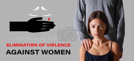 Téléchargez les photos : Bannière pour la Journée internationale pour l'élimination de la violence contre les femmes avec un homme et une jeune fille effrayée - en image libre de droit