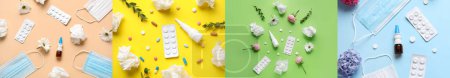 Photo for Collage with nasal drops, medical masks, pills, flowers and tissues on color background. Allergy concept - Royalty Free Image