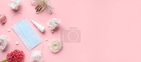Photo for Nasal drops, pills, flowers, medical mask and tissues on pink background with space for text. Allergy concept - Royalty Free Image