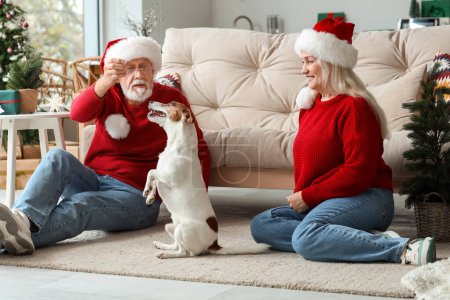 Foto de Feliz pareja madura con lindo perro en casa en la víspera de Navidad - Imagen libre de derechos