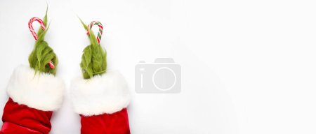 Green hairy hands of creature in Santa costume holding Christmas candy canes on white background with space for text