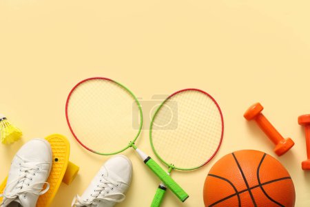Photo for Set of sports equipment with shoes on color background - Royalty Free Image