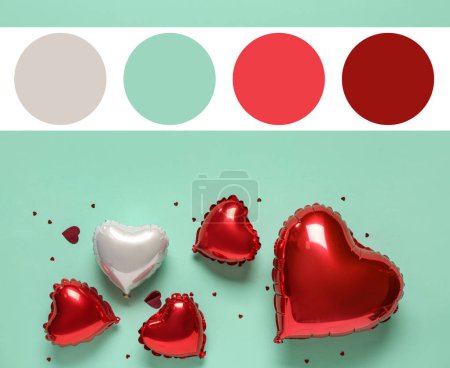 Foto de Globos en forma de corazón para el Día de San Valentín sobre fondo verde. Diferentes patrones de color - Imagen libre de derechos