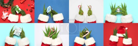 Photo for Set of green hairy hands of creature in Santa costume and with different Christmas items on color background - Royalty Free Image