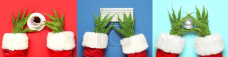 Téléchargez les photos : Ensemble de mains poilues vertes de créature en costume de Père Noël, avec tasse de café, clavier d'ordinateur et boule de Noël sur fond de couleur - en image libre de droit