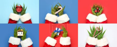 Foto de Conjunto de gestos verdes manos peludas de la criatura en traje de Santa, con despertador y diferentes artículos de Navidad en el fondo de color - Imagen libre de derechos