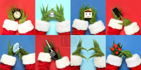 Photo for Set of gesturing green hairy hands of creature in Santa costume, with alarm clock, mobile phone and different Christmas items on color background - Royalty Free Image