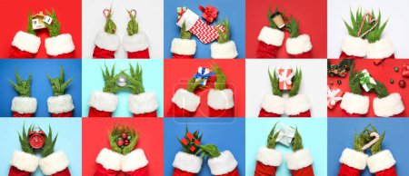 Téléchargez les photos : Ensemble de mains poilues vertes gestuelles de créature en costume de Père Noël, avec réveil, tasse de café et différents articles de Noël sur fond de couleur - en image libre de droit