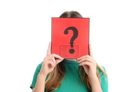 Photo for Young woman holding paper sheet with question mark on white background - Royalty Free Image