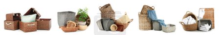 Foto de Collage de cestas de mimbre con diferentes elementos sobre fondo blanco - Imagen libre de derechos