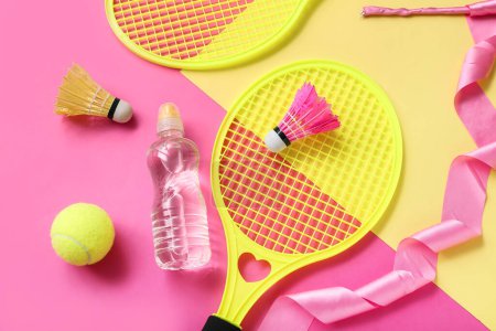 Photo for Composition with bottle of water and different sports equipment on color background - Royalty Free Image