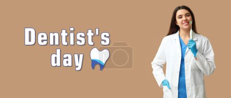 Téléchargez les photos : Bannière pour la Journée nationale des dentistes avec une femme médecin - en image libre de droit