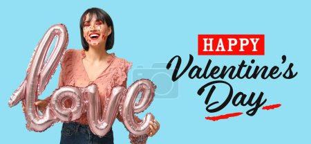 Photo for Festive banner for Happy Valentine's Day with stylish young woman and balloon in shape of word LOVE - Royalty Free Image