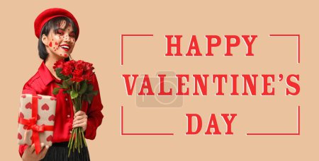 Photo for Festive banner for Happy Valentine's Day with stylish young woman, gift and bouquet of red roses - Royalty Free Image