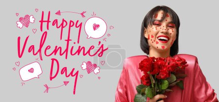 Photo for Festive banner for Happy Valentine's Day with stylish young woman and bouquet of red roses - Royalty Free Image